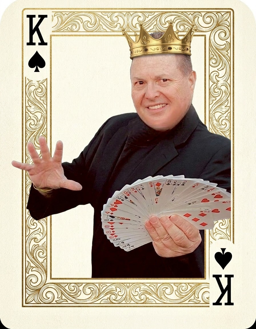 Philip Klipper, the King of Magic, framed in an ornate King of Spades playing card